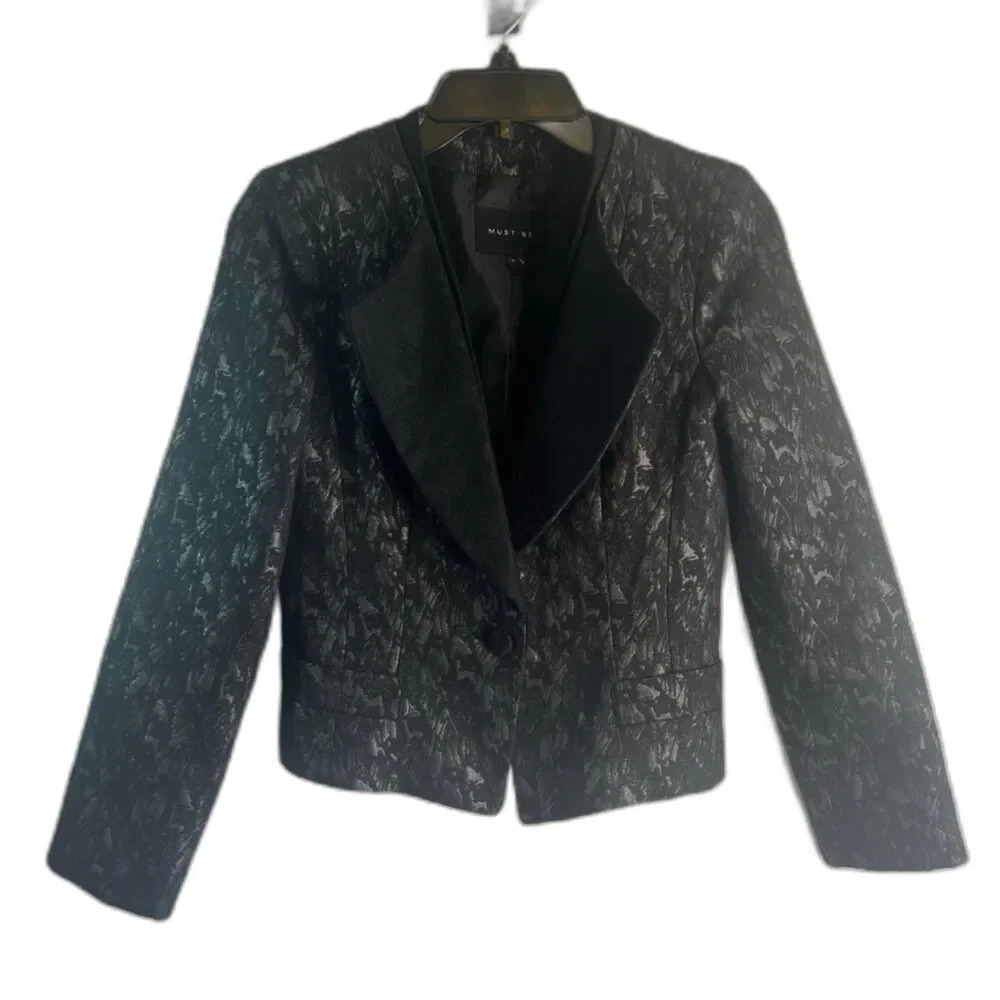 Must Be Tuxedo Inspired‎ Black Jacquard Cropped Blazer Single Breasted Size 2